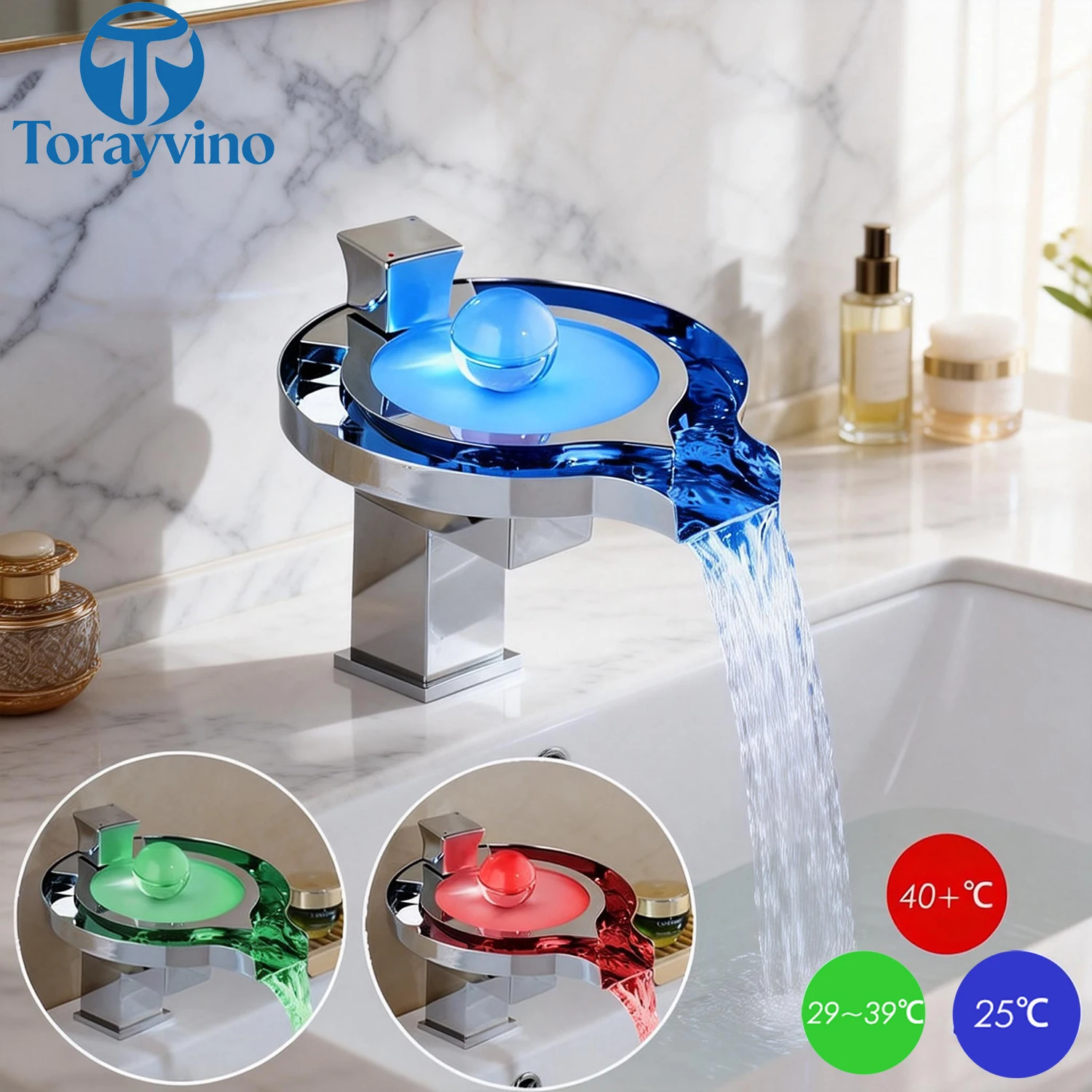 

Роскошный светодиодный смеситель Torayvino для ванной комнаты, водопад, хромированный смеситель для раковины, современный квадратный смеситель для раковины с креплением на раковину