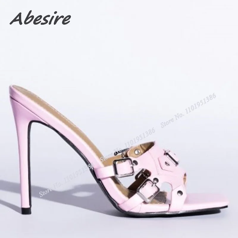 

Abesire Pink Buckle Dcor Slippers Sandals Slip on Solid Women Summer Shoes Open Toe New Fashion Lady Sexy Stilettos Big Size