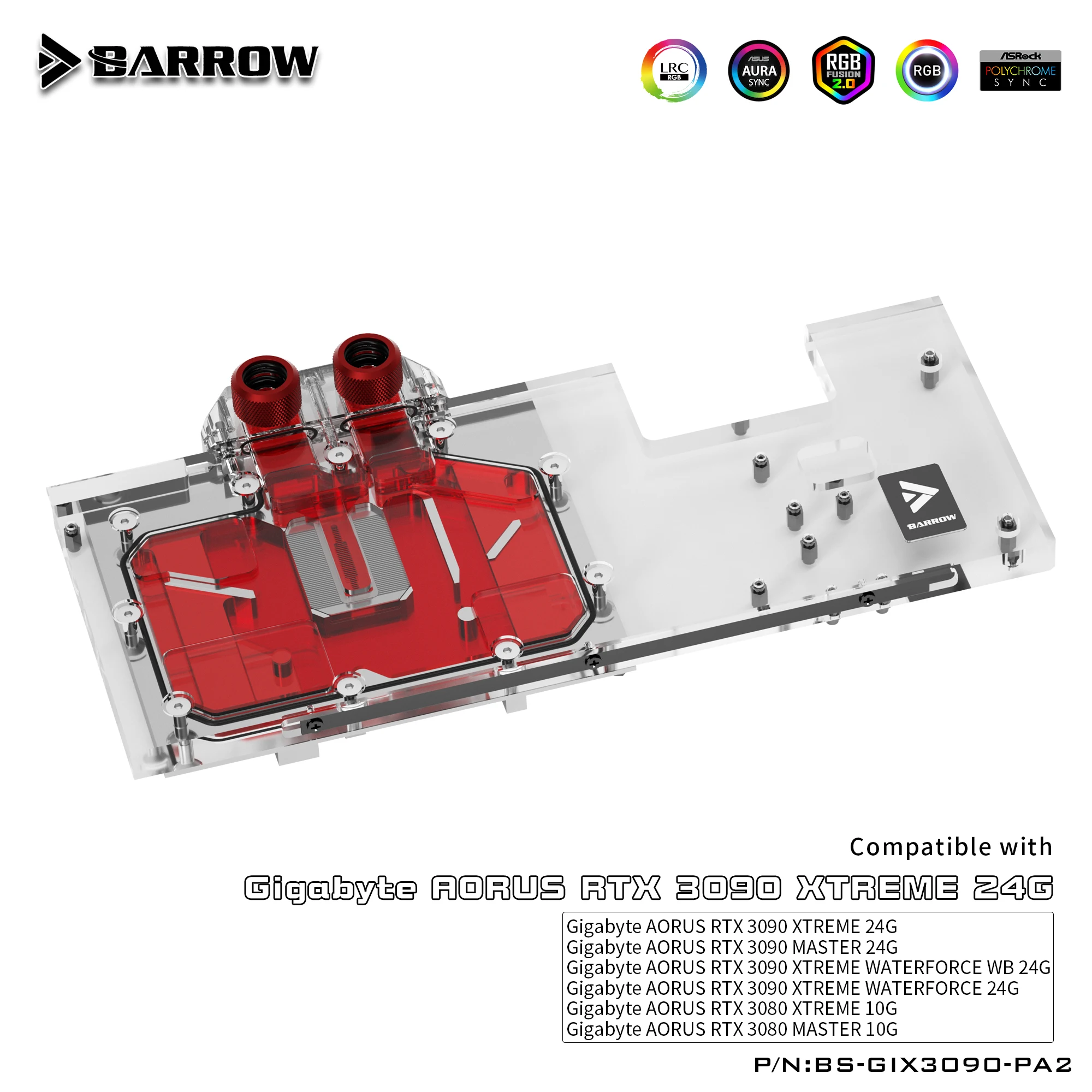 Barrow water block for GIGABYTE RTX AORUS 3090/3080 XTREME/MASTER 10G 24G full coverage GPU card Copper Radiator BS-GIX3090-PA2