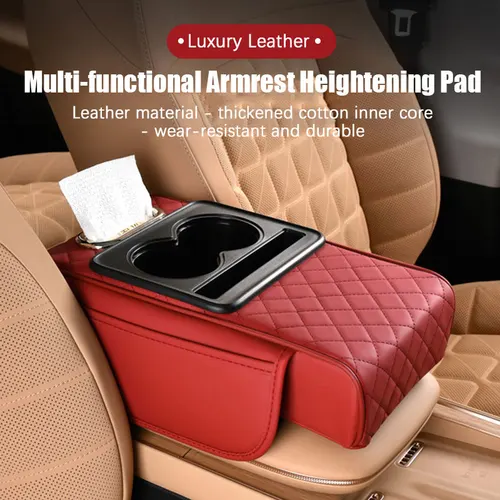 Cojín para reposabrazos de consola central automática con portavasos, bolsillo de almacenamiento, almohadilla de elevación para reposabrazos, funda de almohada de cuero para reposabrazos de coche