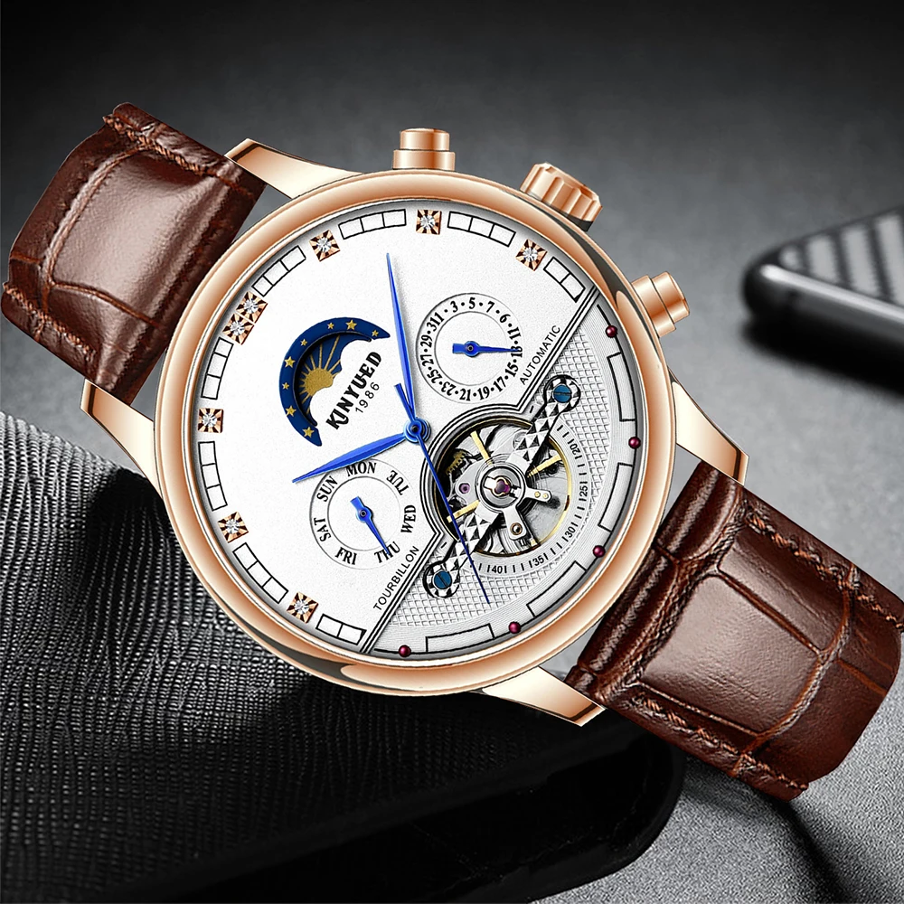 

Kinyued Man's Business Automatic Mechanical Watches Moon Flywheel Skeleton Dial Leather Strap Watch Waterproof Men Wriswatch