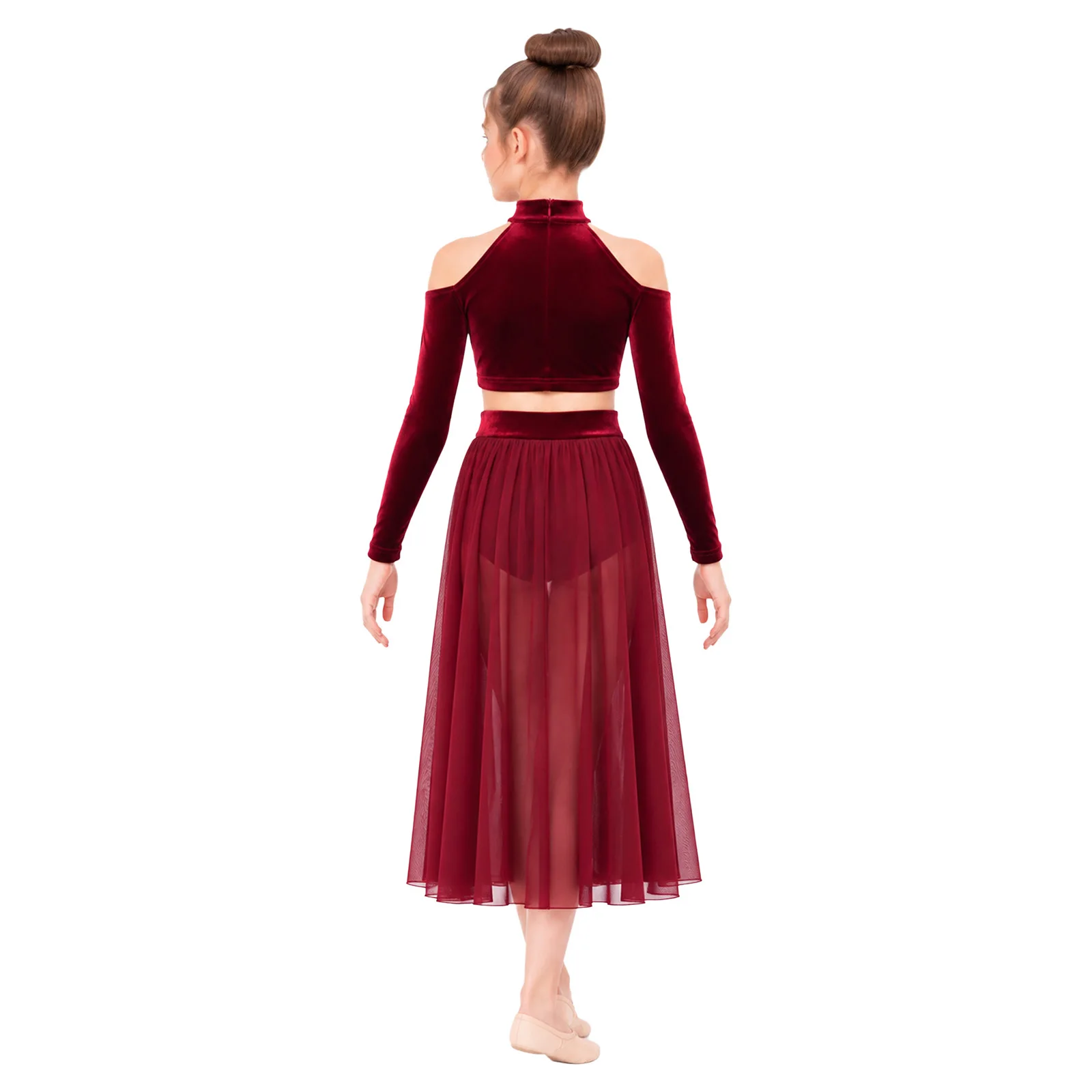 Kids Girls Lyrical Ballet Dance Skating Gymnastics Costume Cold Shoulder Velvet Crop Top with Built-in Briefs Split Mesh Skirt