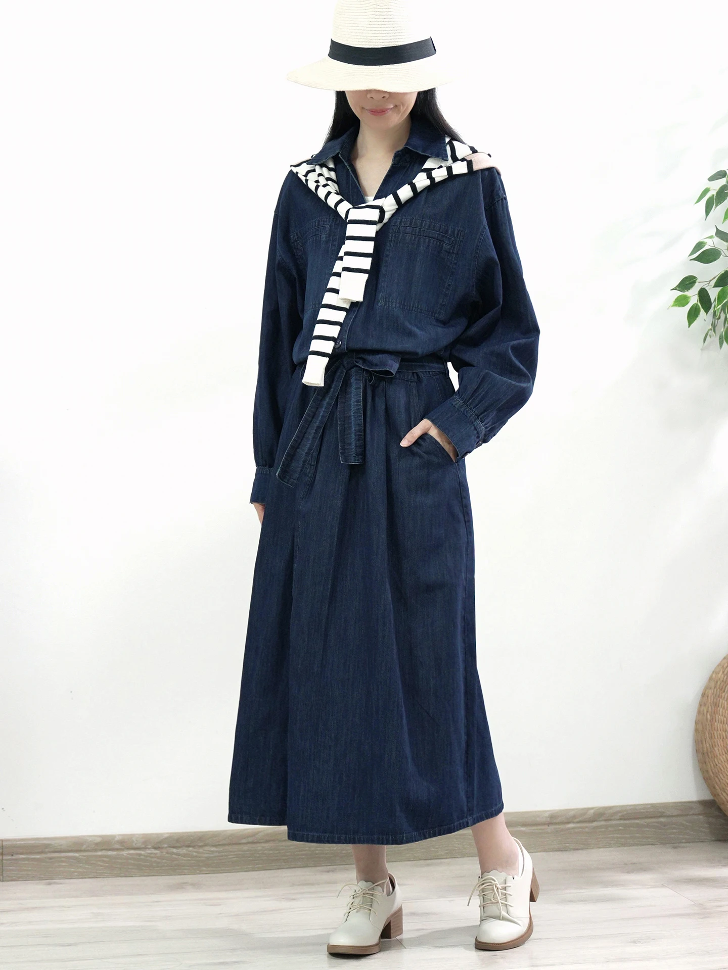 TIYIHAILEY-Long Maxi Single Breasted Denim Dress for Women Long Sleeve Vintage New 2025 Turn Down Collar With Belt Spring Slit