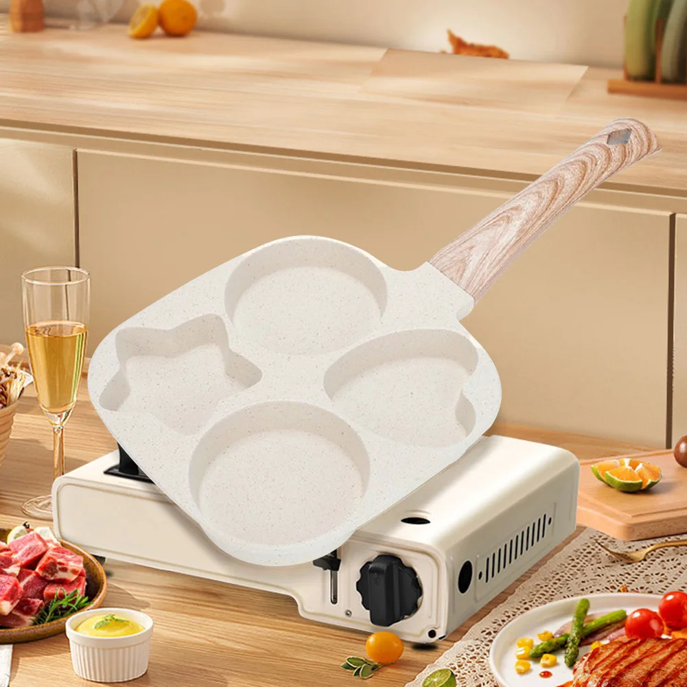 4 حفرة مقلاة غير لاصقة الإفطار برغر البيض فطيرة صانع مقبض خشبي الحجر الطبي أربعة حفرة عجة عموم #4