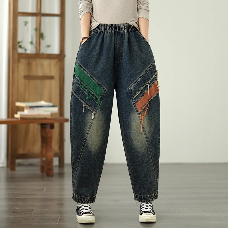 Solto casual harlan velho pai jeans bordado tamanho grande outono sle artístico versátil calças compridas cintura alta nove pontos