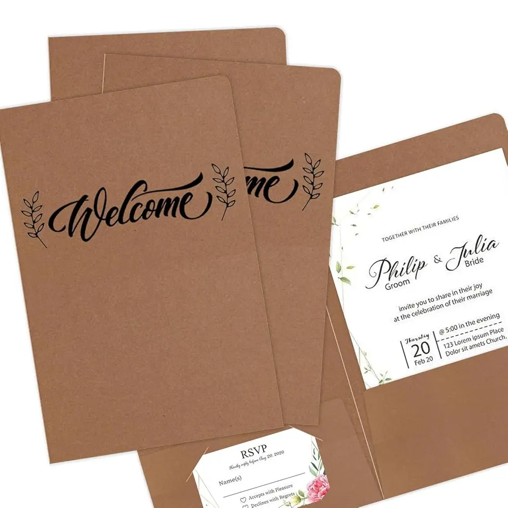 

Free Shipping-Kraft Paper 6x9 Inch Welcome Documents File Folders with Two Pockets for Hotel Welcome Baskets, Wedding Programs