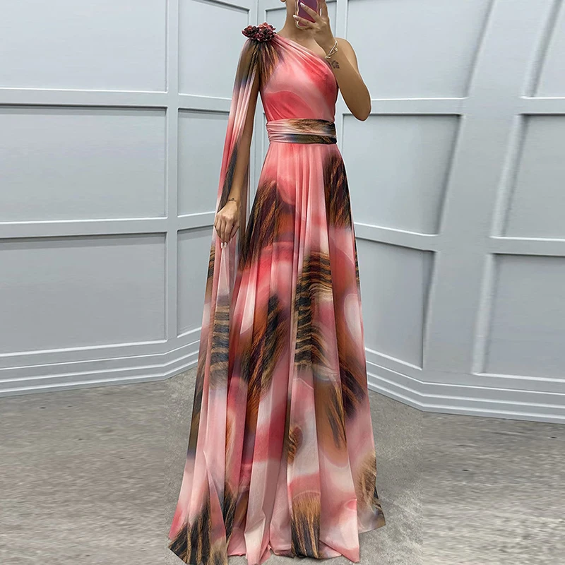 여성용 경사 칼라 패치워크, 하이 웨이스트 이브닝 원피스, 섹시한 비대칭 플리츠, 긴 원피스, 캐주얼 패턴, 프린트 쉬폰 원피스, 신제품