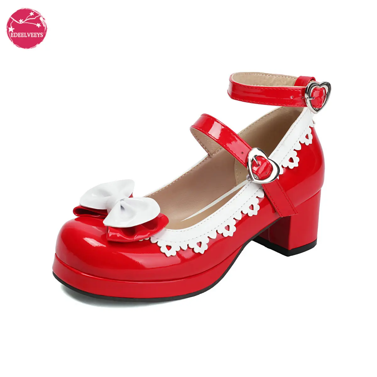 

Plus Size Mary Jane Pumps Chunky Heel Wide Width Shoes for Women, Vintage Bow Lolita Shoes Shiny Patent Leather Cosplay Footwear