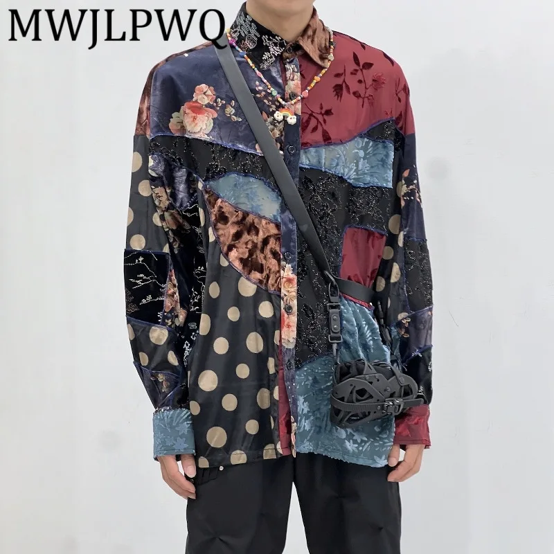 

MWJLPWQ Spliced Pleuche Lapel Printed Deisgn Shirts Men's High Street Niched Long Sleeve Autumn 2025 New Casual Loose Tops 11856