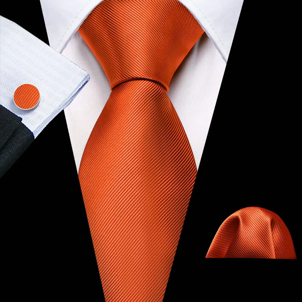 Barry.Wang Orange Men Silk Solid Ties Elegant  Male Woven Suit Neckties Pocket Square Cufflinks Sets Party Wedding Designer 6472