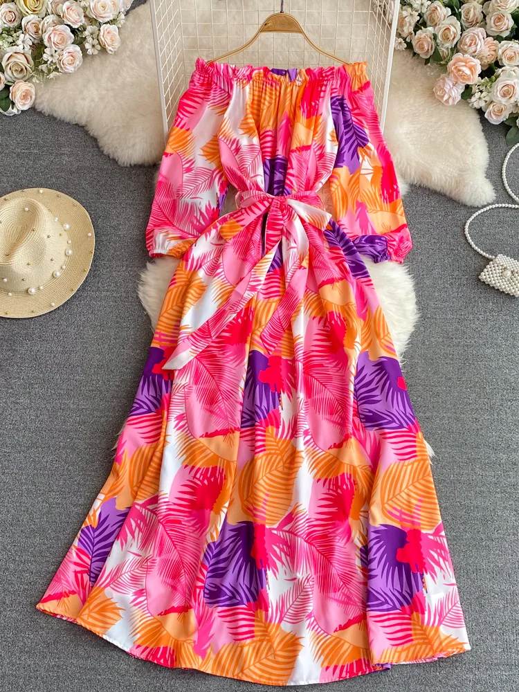 Off Shoulder Printed Beach Dress Women Slim A-line Elegant Floral Long  Dresses Spring Summer Vintage Casual Long Robe Vestidos