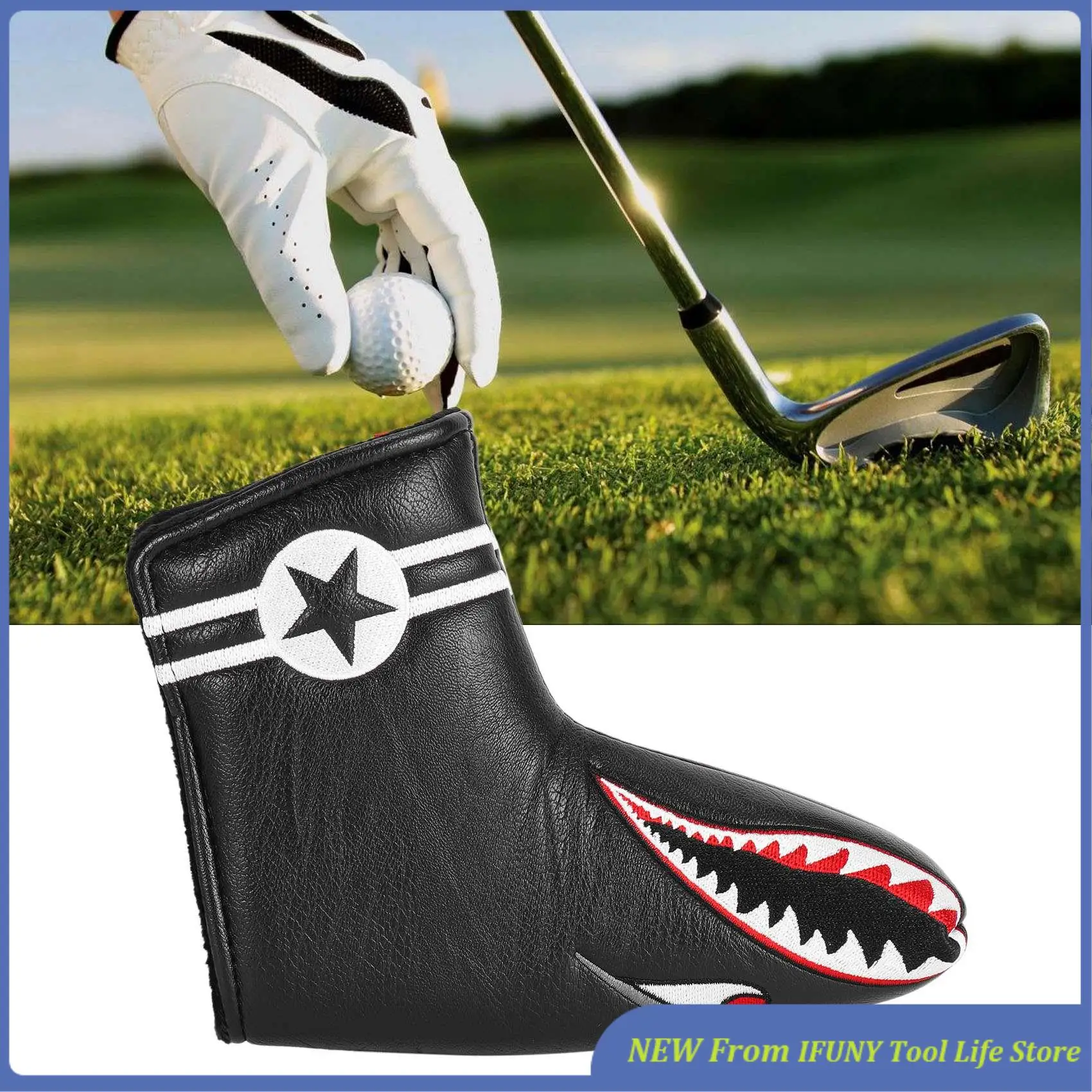 

1Pc Black PU Leather With Shark Embroidery Magnet Golf Blade Putter Head Cover Golf Club Putter Headcover New