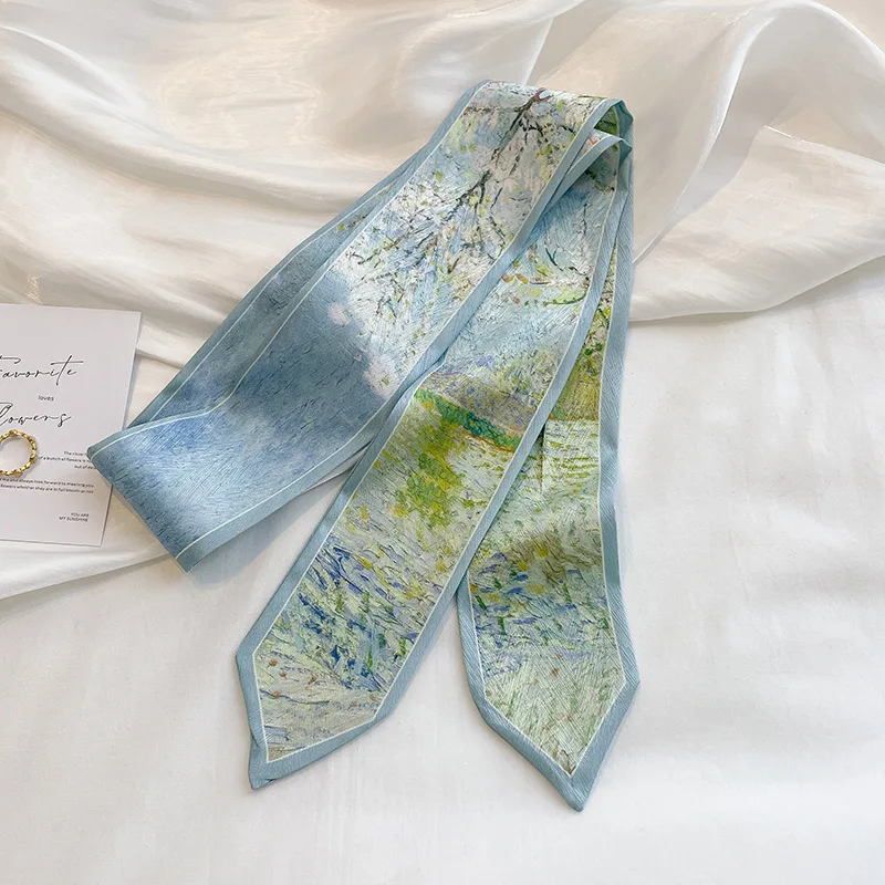 Diadema diafana a la moda, exquisita correa fina para bolso Streamer, estilo de pintura al óleo para primavera y verano, cinta pequeña, bufanda larga, cinturón