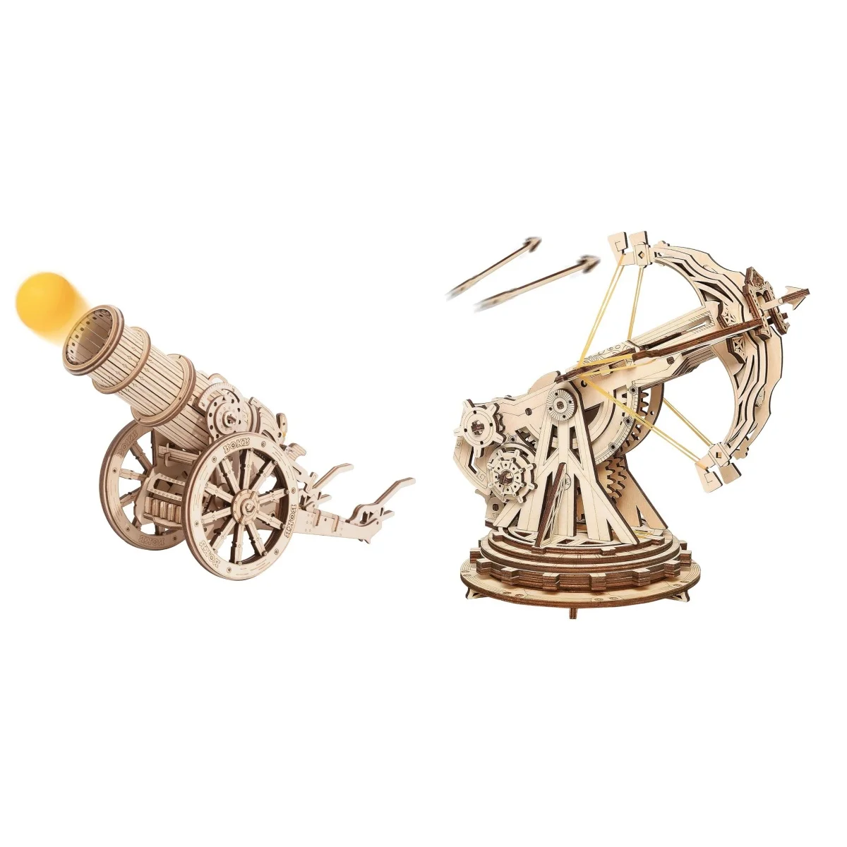 ROKR Cannon Toy 3D Wooden Puzzle Wheeled Siege Artillery Model Building Kit DIY Wooden Catapult Toys STEM Educational Projects
