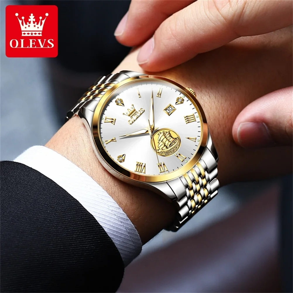 OLEVS Men\'s Watches Sailboat Business Automatic Mechanical Original Watch for Man Waterproof Stainless Steel Luminous Date