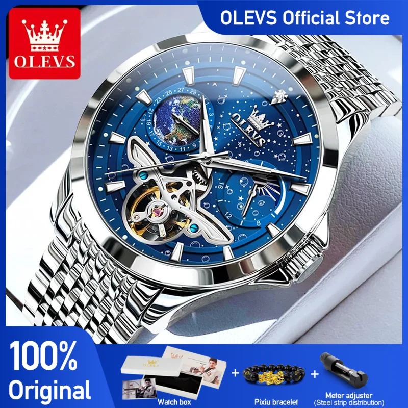 OLEVS 6705 Men\'s Watches Classic Fashion Original Automatic Mechanical Watch for Man Hollow Flywheel Moon Phase Dial Waterproof