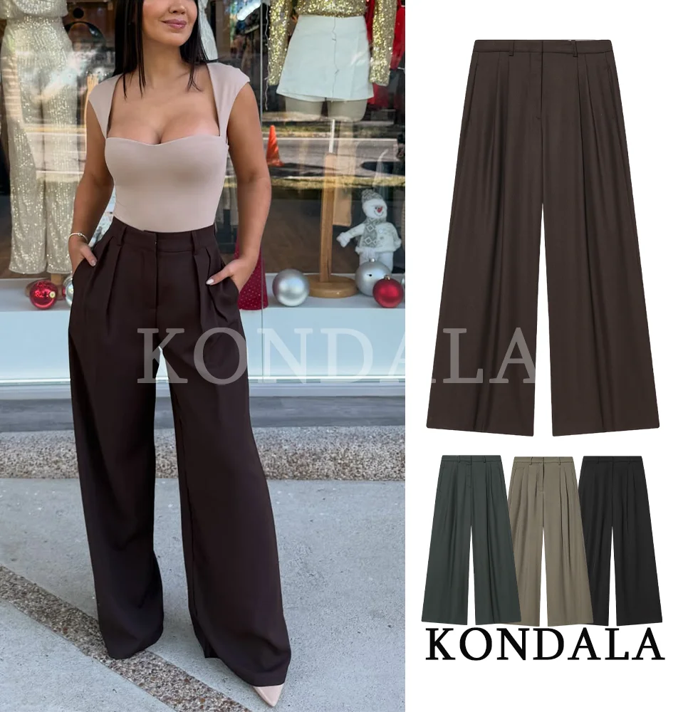 KONDALA Trendy Casual Pleated Pants Women Elegant Commute Straight-leg Pants 2026 Spring Fashion Female Holiday Vintage Trousers