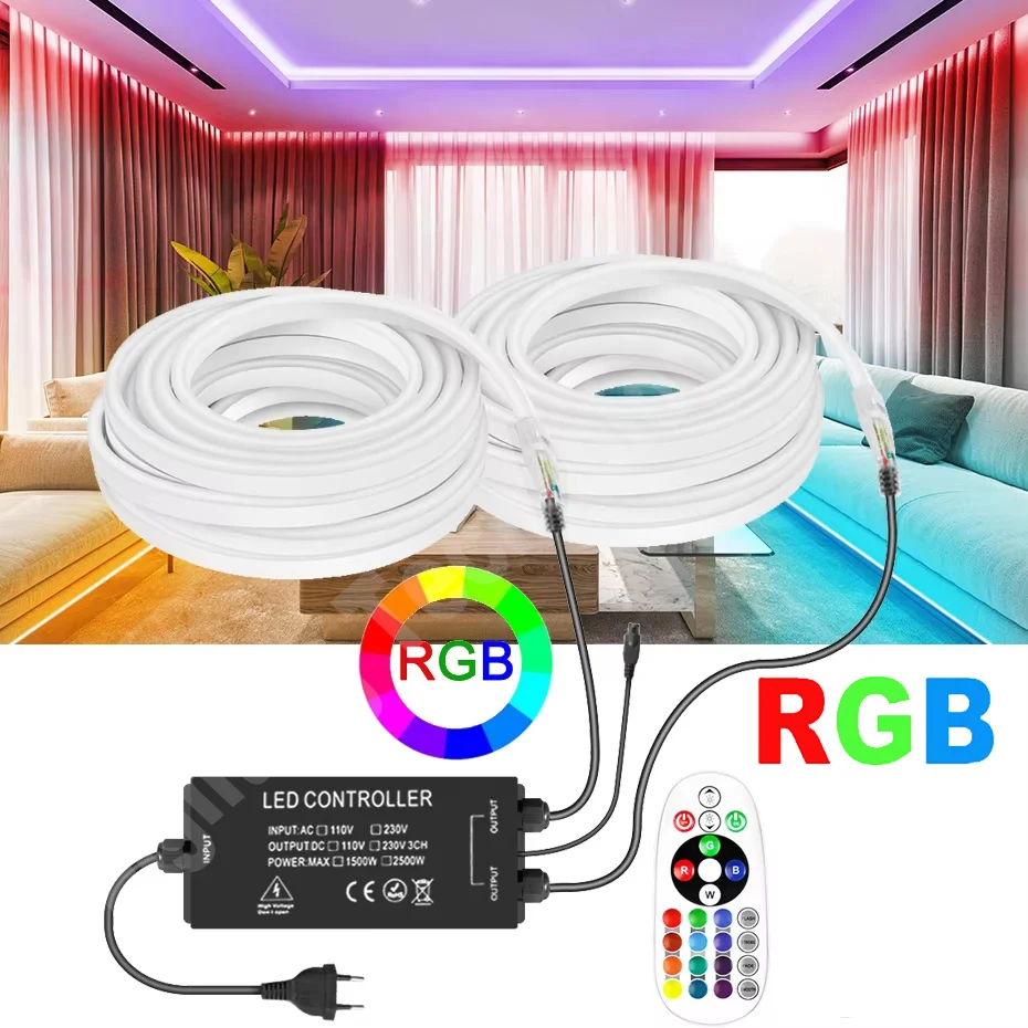 

220V RGB Led Neon Strip 5050 2500W EU Plug Controller Flexible Neon Light Waterproof IP67 Outdoor Lighting Led Strip 1-100m