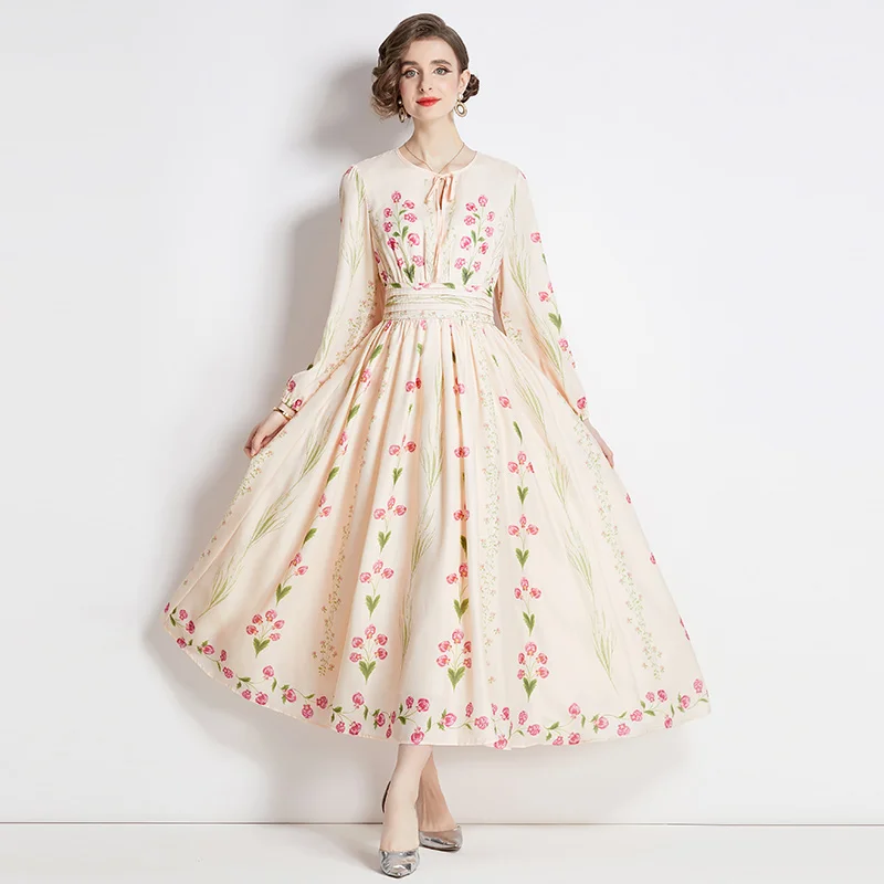 2024 Spring New Apricot Silk Flower Printed Long sleeved Dress for Women O-Neck Spliced Waist Slimming A-line Skirt Long Dress