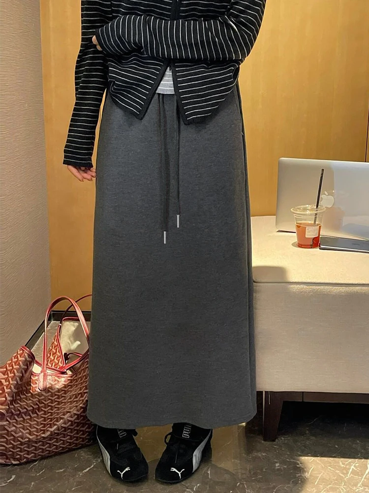 

Women's plush design sense slit skirt, autumn and winter elastic waist drawstring midi straight skirt, daily wear