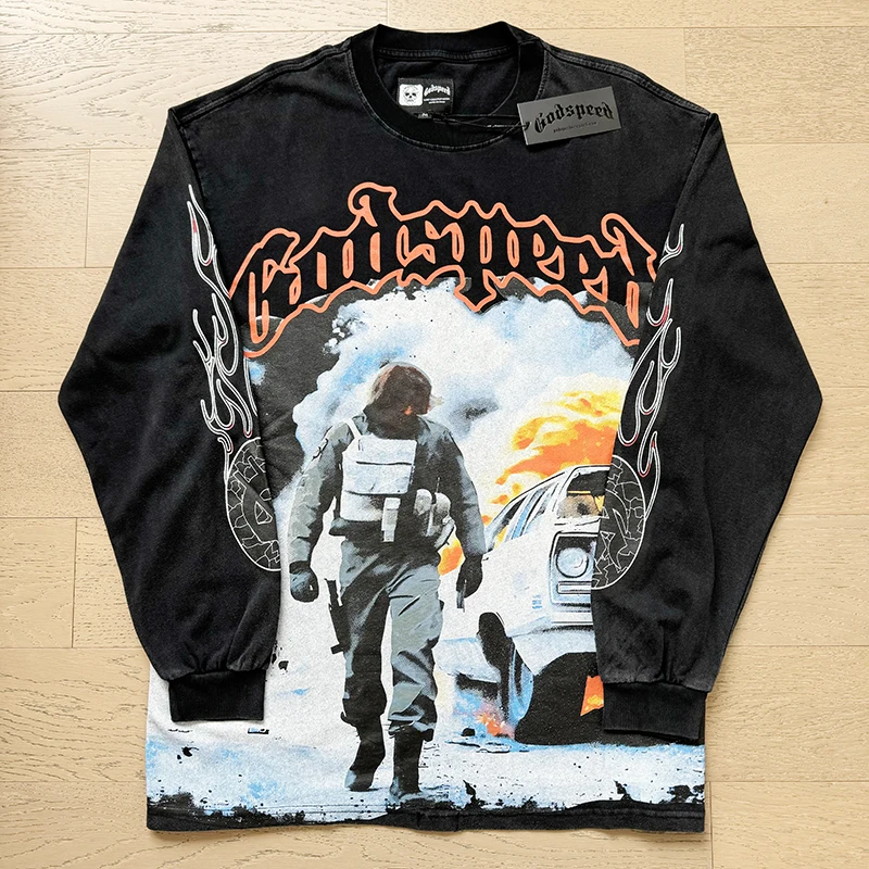 

Godspeed O-Neck Tops Street vintage Washed Tee God Speed Printed Knit Cotton Long Sleeve Loose Hip Hop black Men's T-shirt