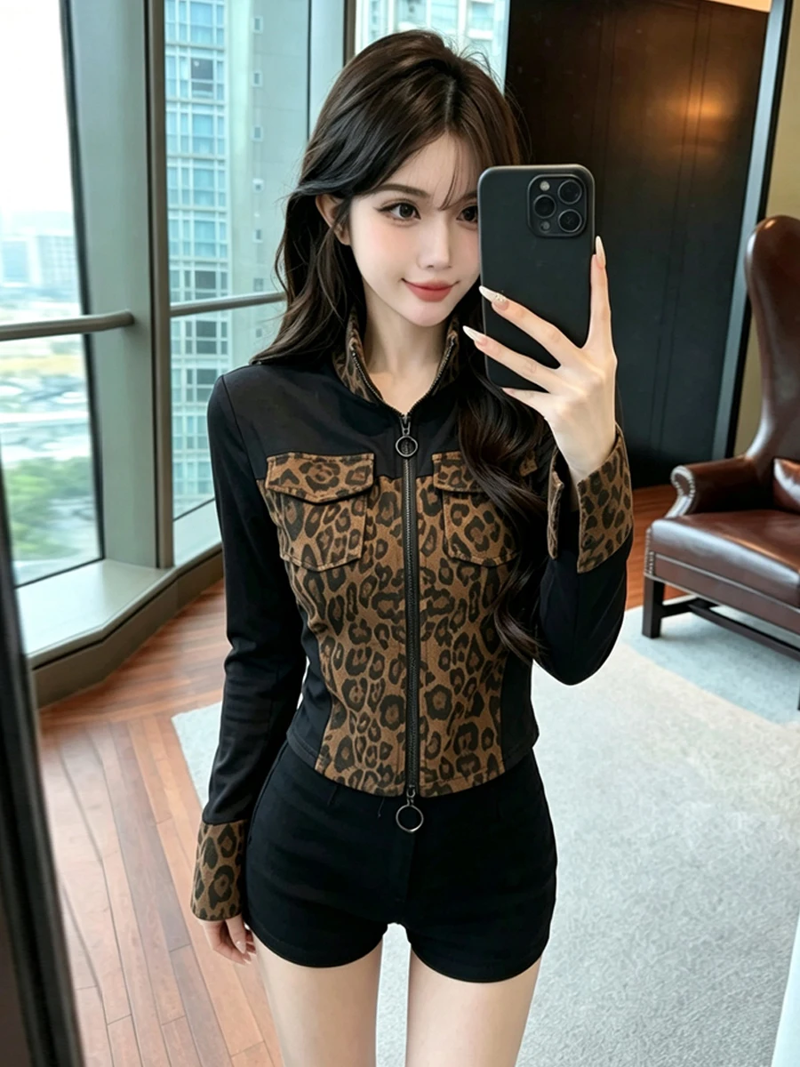 Retro Sweet Little Stand Collar Splice Slit Leopard Print Slim Fit Fake Two-Piece Irregular Spicy Girl Open Cardigan Women