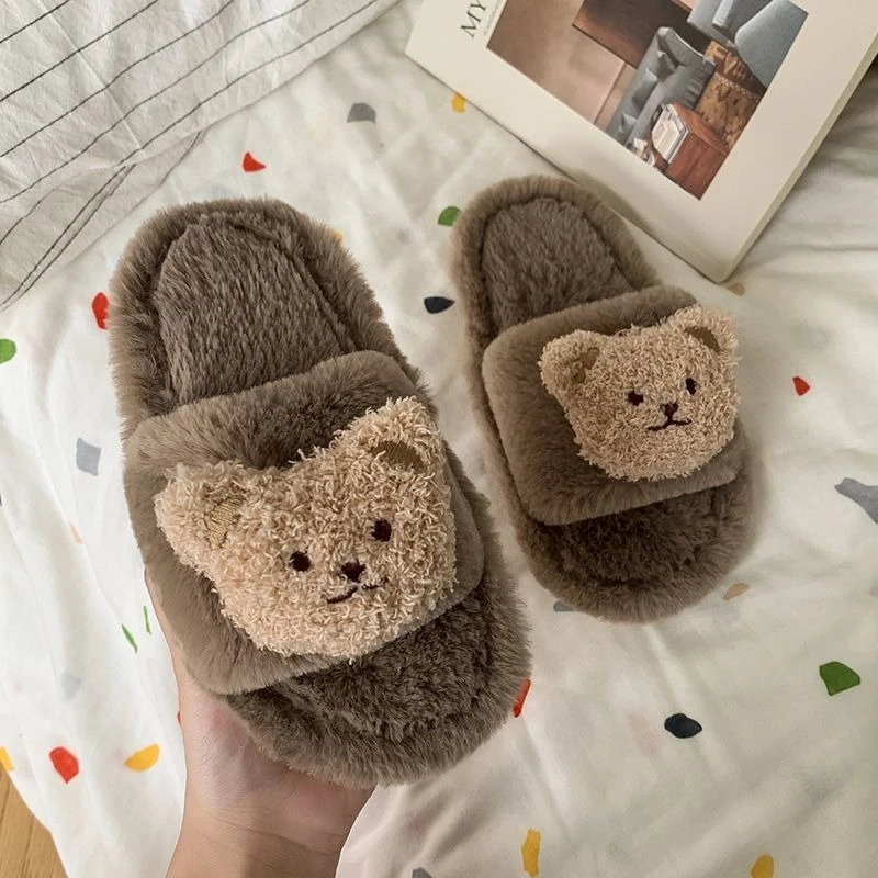 

Kids Cute Bear Plush Home Slippers 2026 Autumn Winter Warm Slip Resistant Cotton Indoor Slippers
