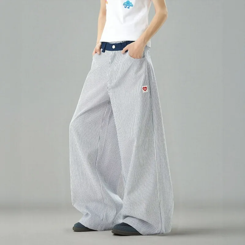 

Autumn Retro American Striped Causal Pants Heart Embroidery Fashion Men's Baggy Straight Wide Leg Long Trouser High Street Style