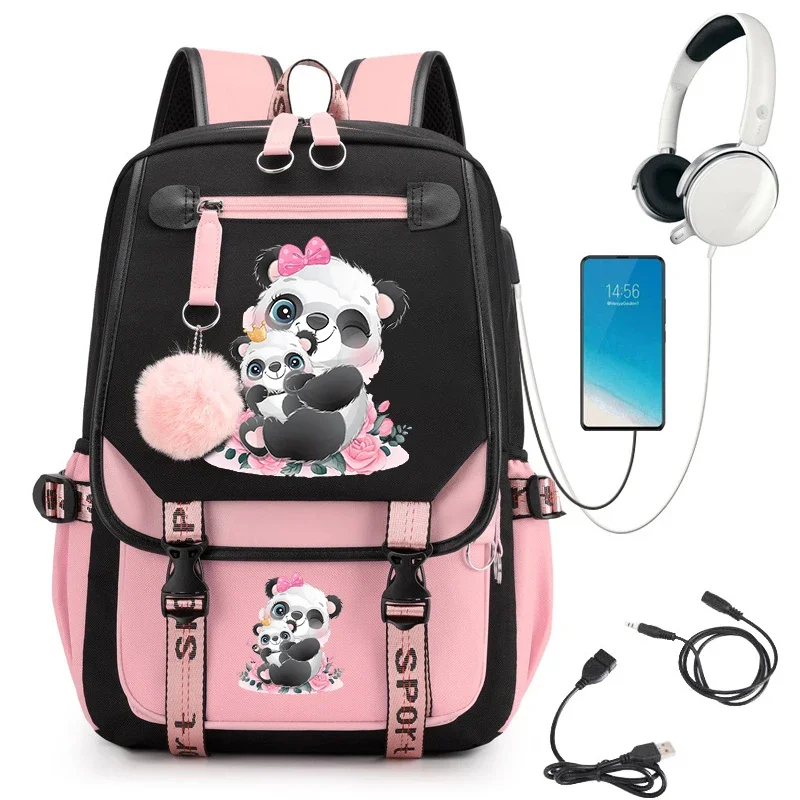 Mochila escolar de dibujos animados para niñas adolescentes, bolsa de dibujos animados de Anime, mochila para estudiantes, bolsas Usb, lindo Panda con acuarela