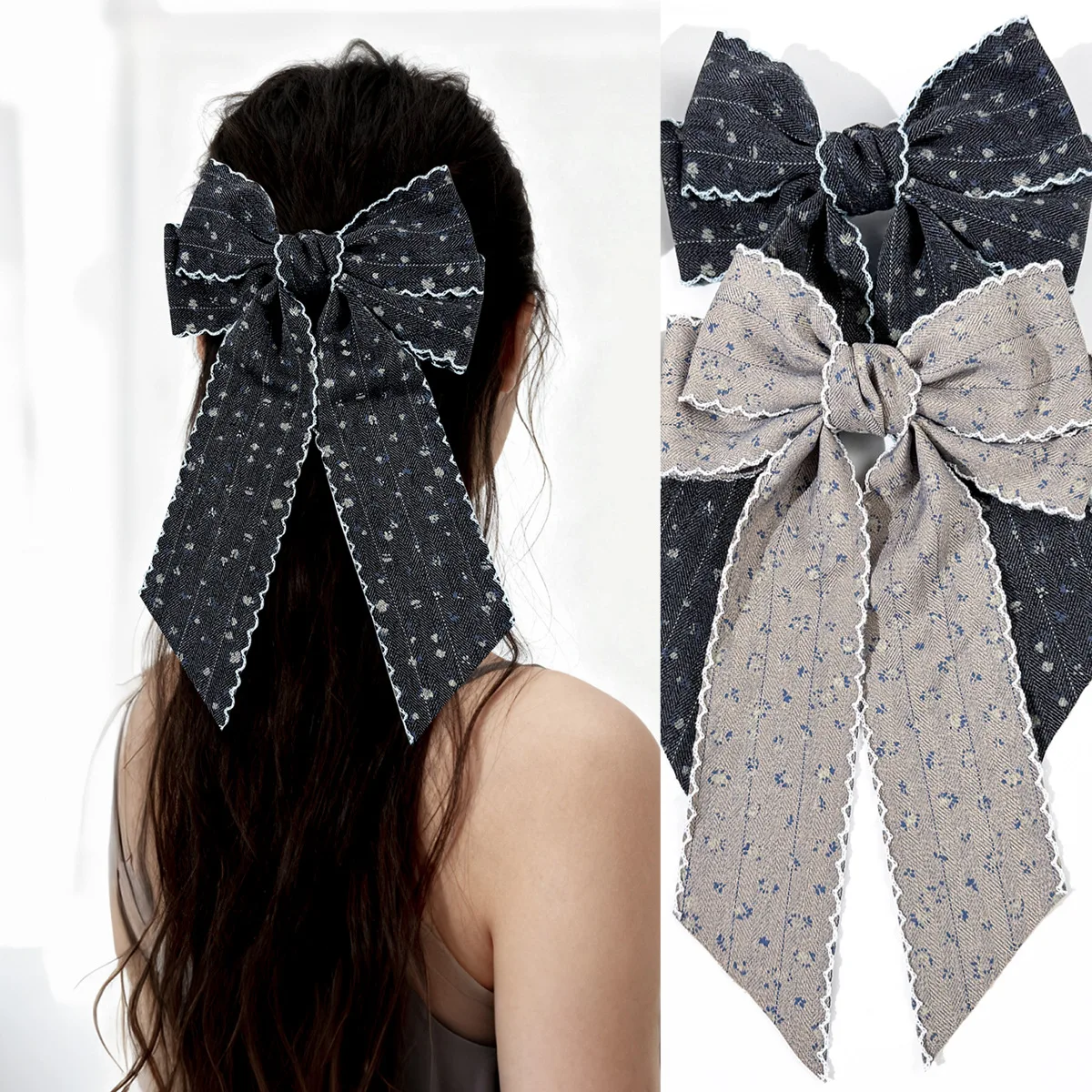 

20PC Black Color Large Floral Print Frill Bow Hair Clips with Long Tassel for Women And Girls Wedding Side Hairgrips Bulk Pack