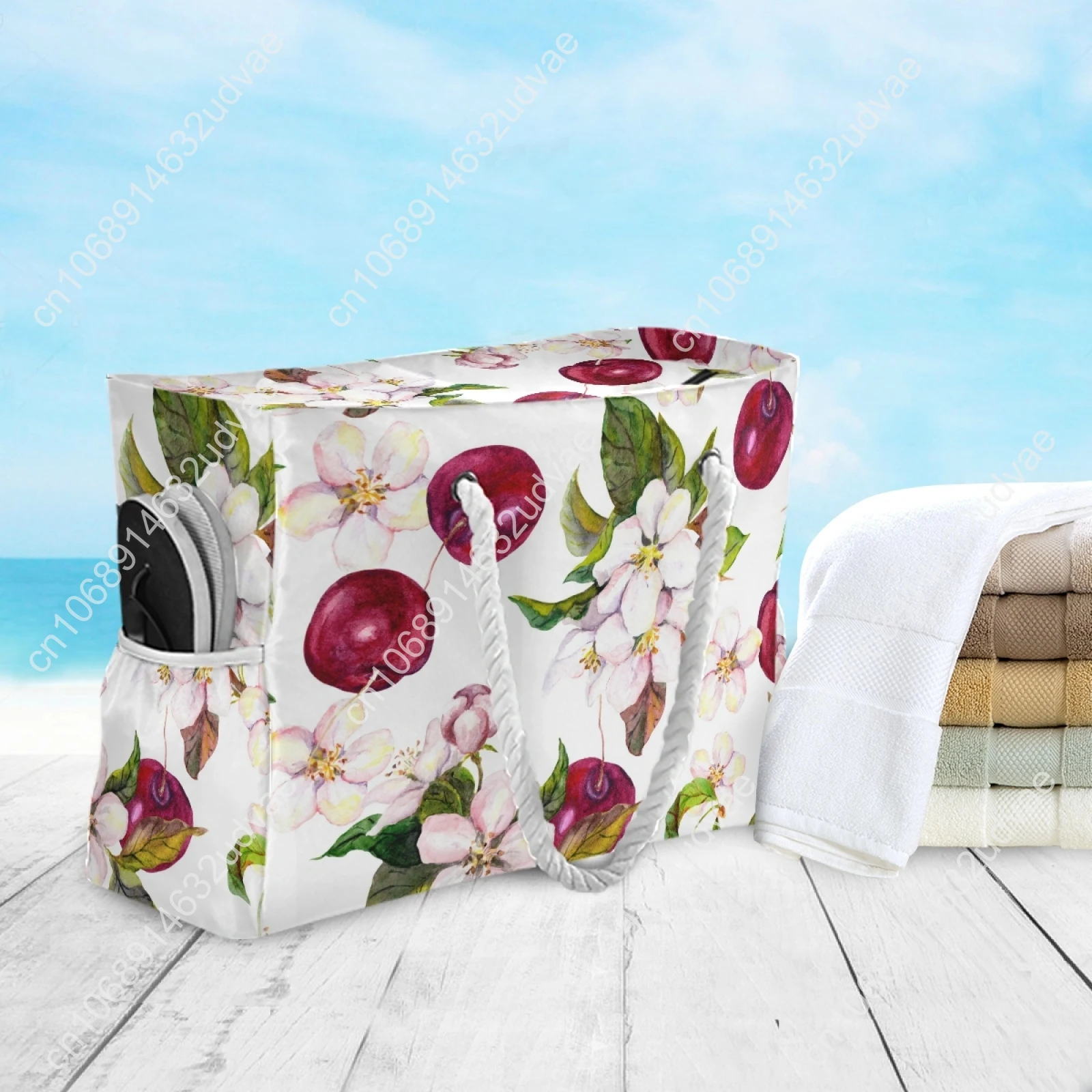 New Women Nylon Cherry Flowers And Cherry Berries Shoulder Bag Female Large Capacity Ladies Beach Bag Girls Shopping Handbag