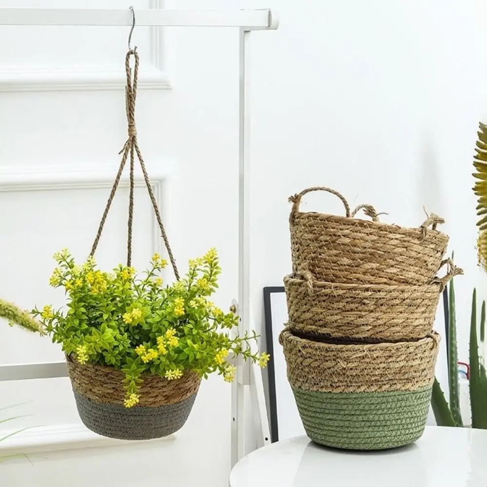 

Practical Handwoven Straw Hanging Basket Decorative Waterproof Macrame Plant Storage Basket Handmade Hanging Pot Balcony