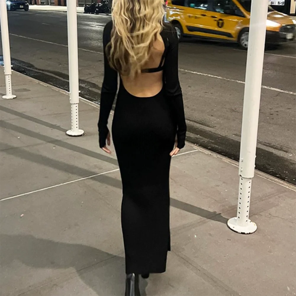 TWOTWINSTYLE, vestidos elegantes de punto con corte liso para mujer, cuello redondo, manga larga, cintura alta, vestido Midi adelgazante, moda femenina