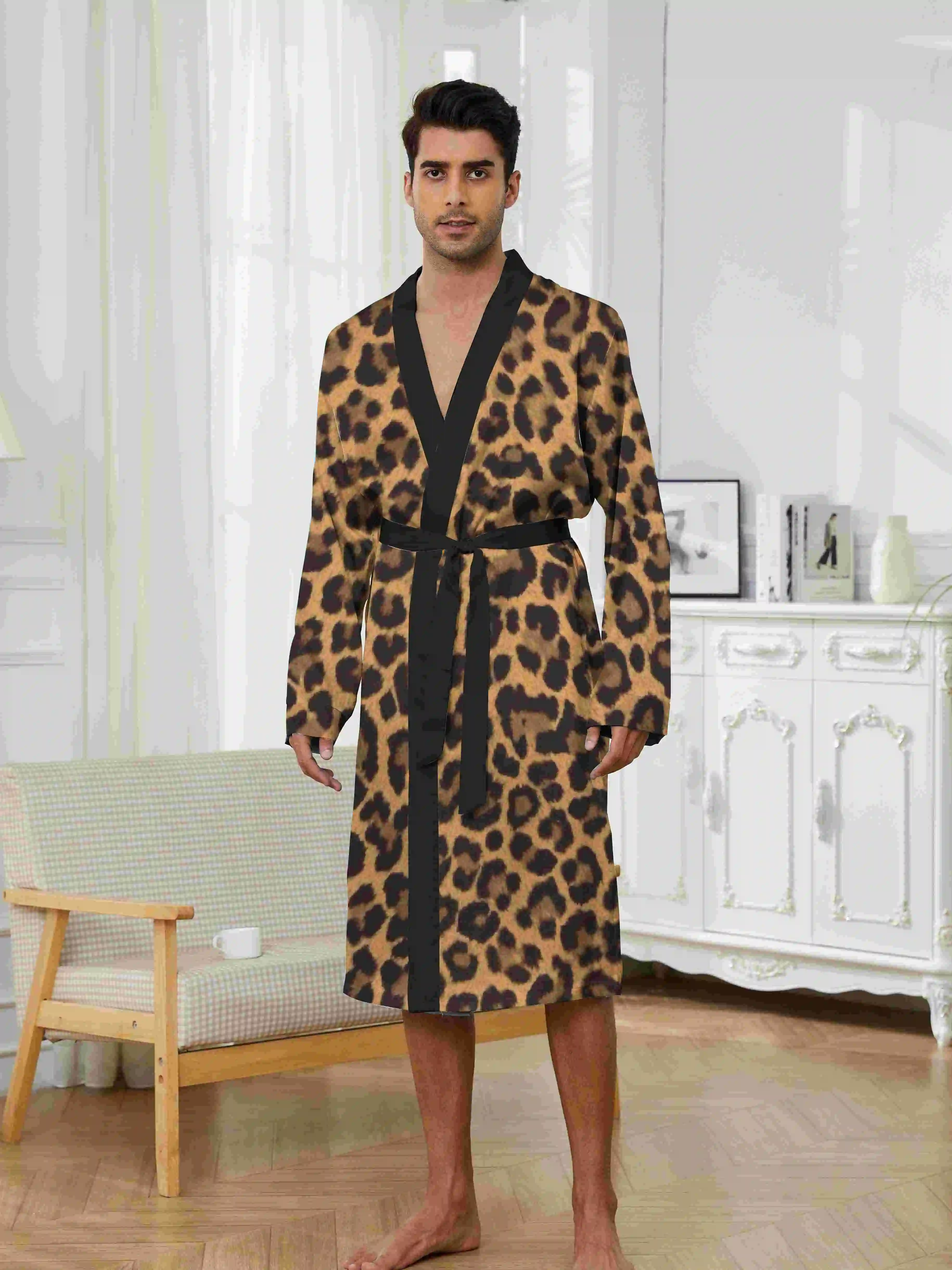 

Spring and Autumn Home Casual Sleeping Robe Men's Robe Quick Drying, Fun Robe Digital Printed Leopard Pattern