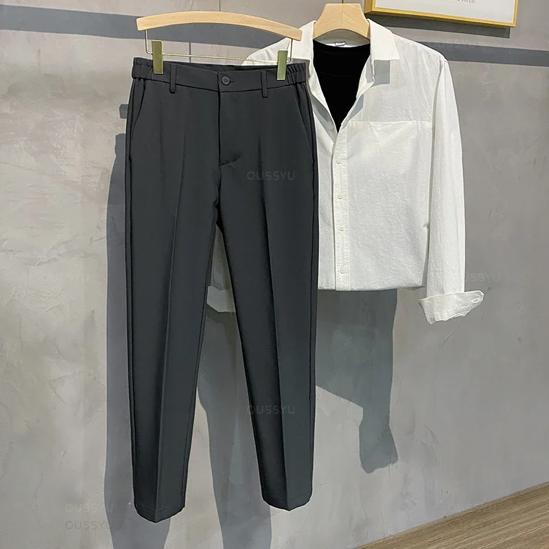 

New Solid Color Conical Nine Cent Western Pants for Men in England, Non Ironing, Slim Fit, Small Leg Pants, Side Waist Elastic C