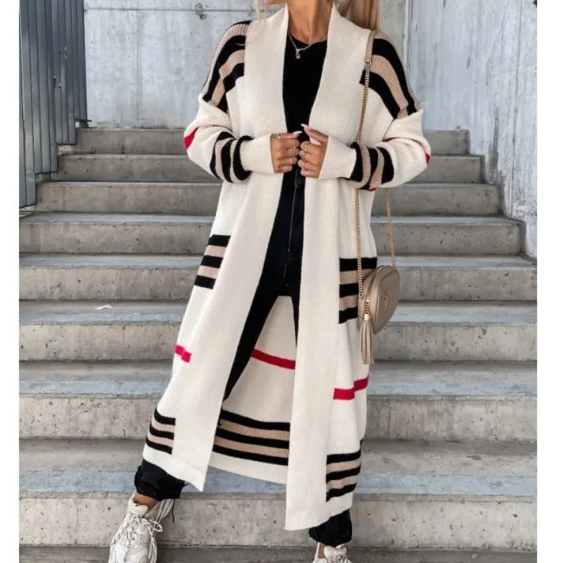 

2025 Long Sleeve Striped Knit Cardigan Loose Sweater Coat