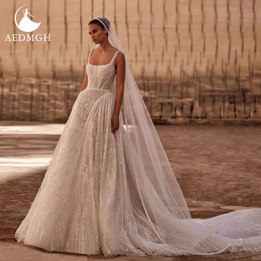 

Aedmgh A-Line Delicate Wedding Dresses Spaghetti Straps Vestido De Novia Lace Beaded Sequined Exquisite Custom Made Bridal Gowns