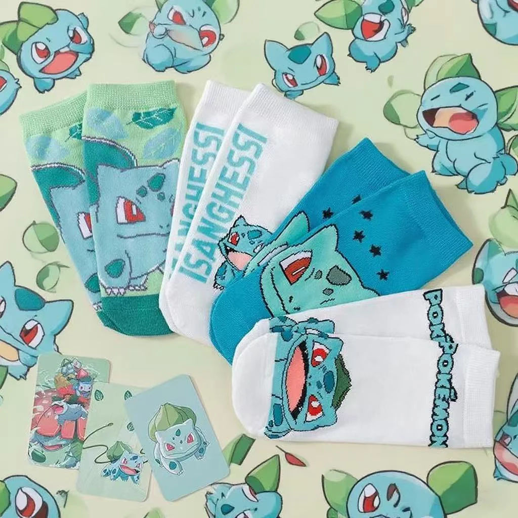 

4 Pairs Of Four Seasons Women's Fashionable, Sweet, Cute, Bulbasaur Seed Cartoon Anime Pok é Mon Casual Breathable Short Socks