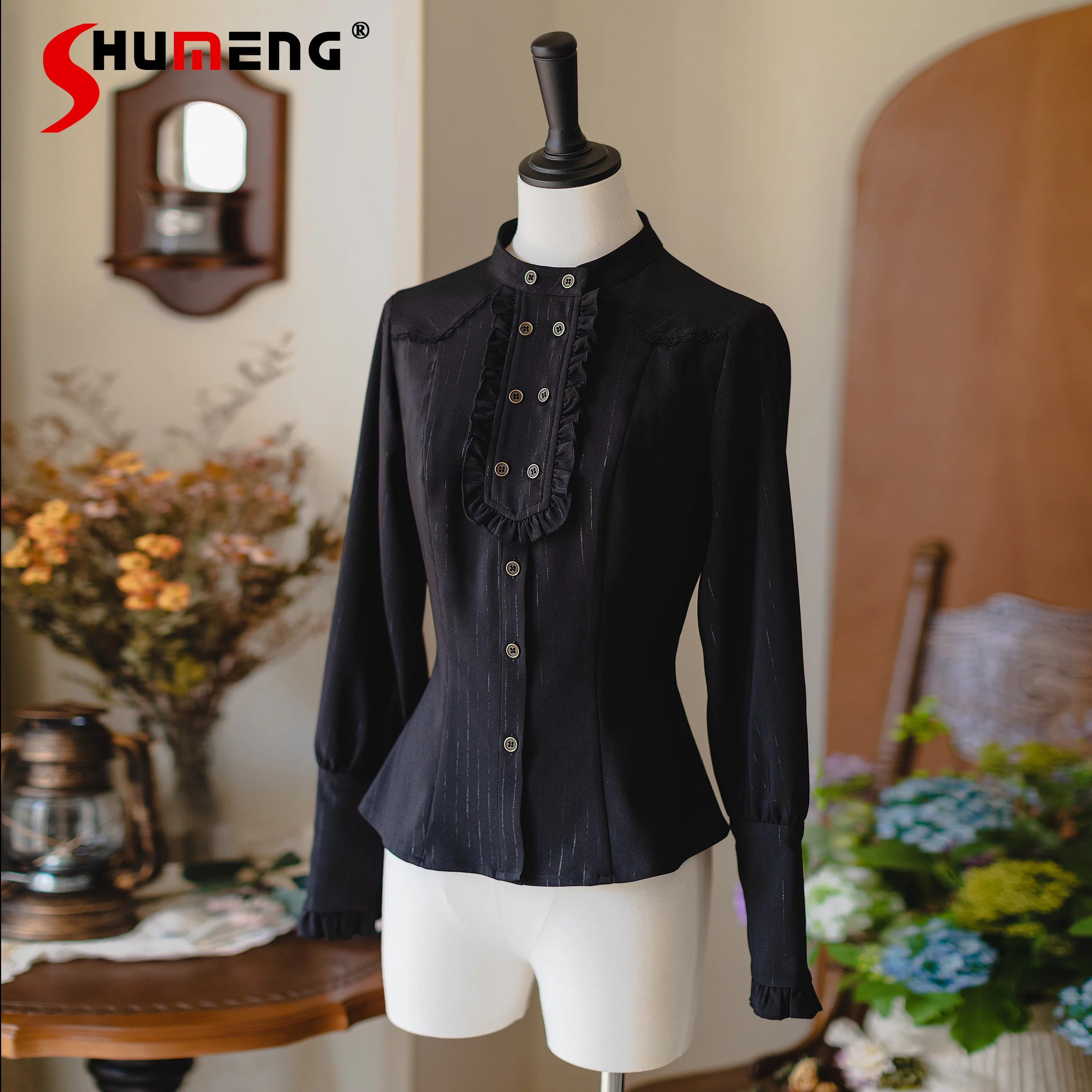 

Original Retro Elegant Black Long Sleeve Shirt Spring Autumn New 2025 Women's Cla Slim Fit Lolita Blouses Japanese Lolita Shirts
