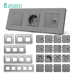 BSEED Mechanical Button Switches TV ST RJ45 Internet CAT5/6 Sockets EU French USB-C Wall Power Socket Glass Frames DIY Parts