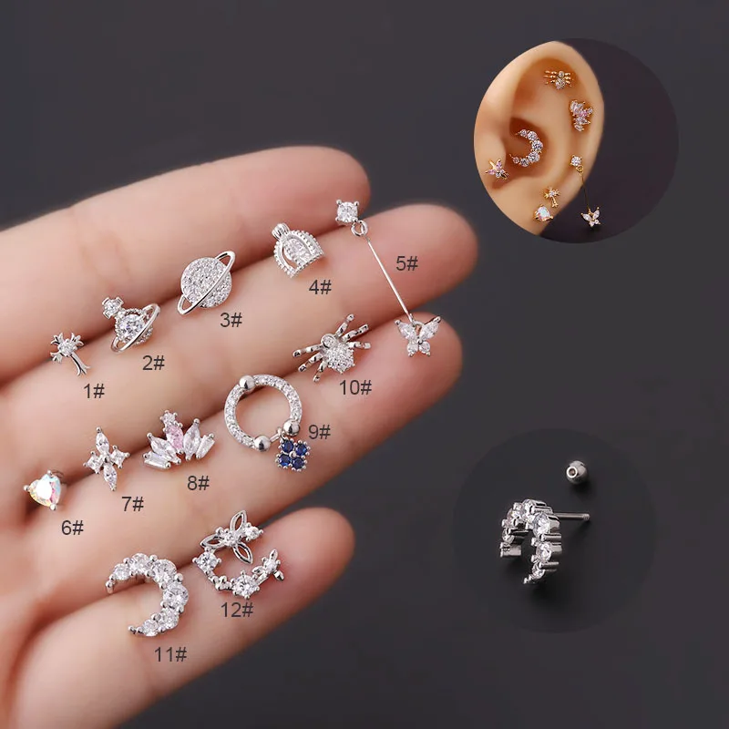Pendientes Pequeños y Lindos de 20G con Diseño de Saturno/Floral/Araña para Mujer, Pendientes de Zirconia Cúbica con Cierre de Rosca, Joyería para Piercing