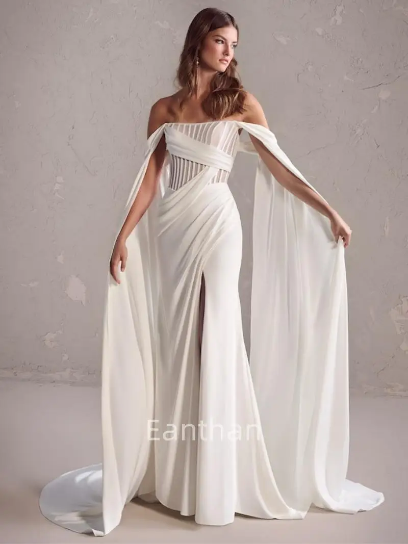 

Vestidos Long Wedding Dresses Sexy Split Sheer Exposed Bonings Corset Detachable Cape Sleeves Wedding Gowns Crepe Bridal Dress