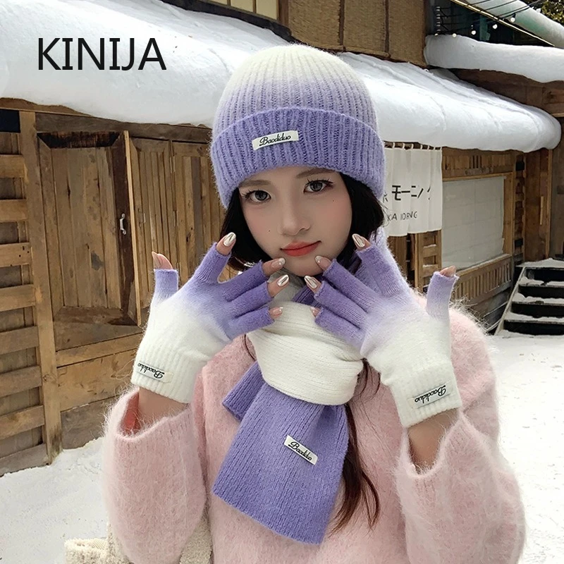 3 قطعة التدرج اللون محبوك قبعة وشاح قفازات مجموعة للنساء في الهواء الطلق يندبروف الدافئة ركوب التزلج مجموعة قبعة صغيرة الكورية