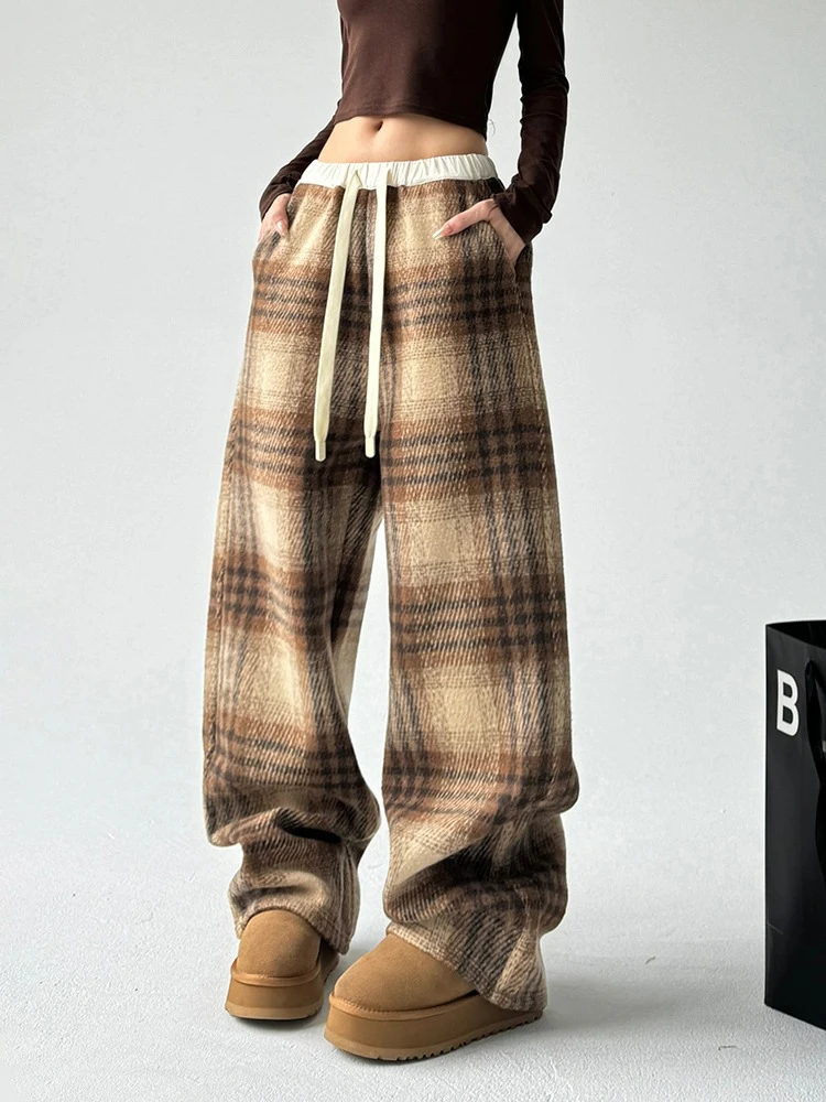 2025 outono inverno xadrez calças de lã para mulheres velo forrado cintura alta drapeado fino vintage grosso casual calças largas perna