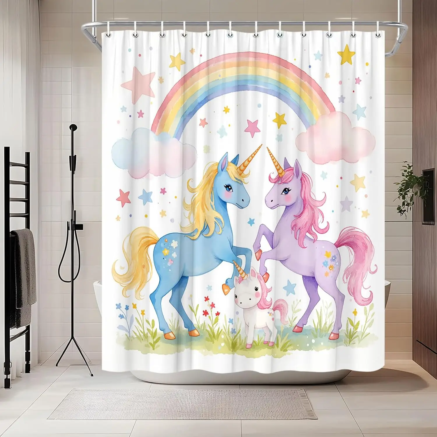 

Rainbow Unicorn Shower Curtain Cartoon Animal Fantasy Spring Stars Cute Unicorns Funny Magic Romantic Clouds Fairy Tale Creative