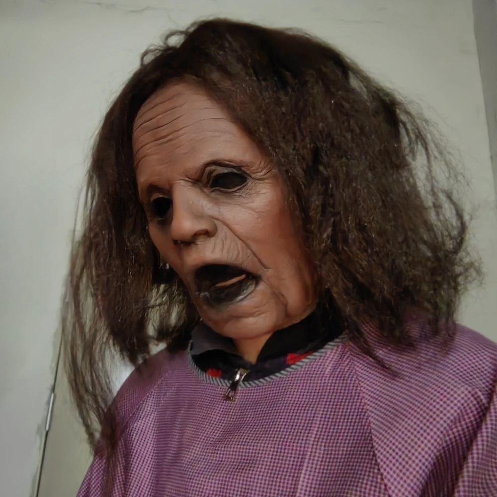 قناع الجدة القديمة المخيف مع شعر رعب واقعي شيطان الجدة قناع حفلة الهالوين تأثيري منزل مسكون المزحة الدعائم