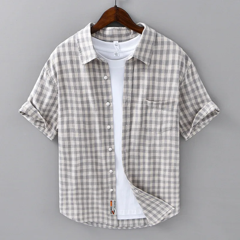 

Retro Artistic Plaid Short Sleeve Shirt Men's Summer Thin Loose Pure Cotton Versatile Commuting Shirt Youth Fashion Casual