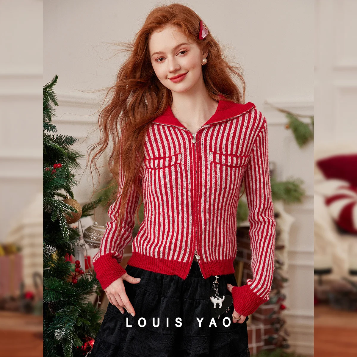 

LOUIS YAO полосатый шерстяной вязаный кардиган, осень 2022, милая верхняя одежда в стиле ретро с двусторонней молнией, женский вязаный свитер