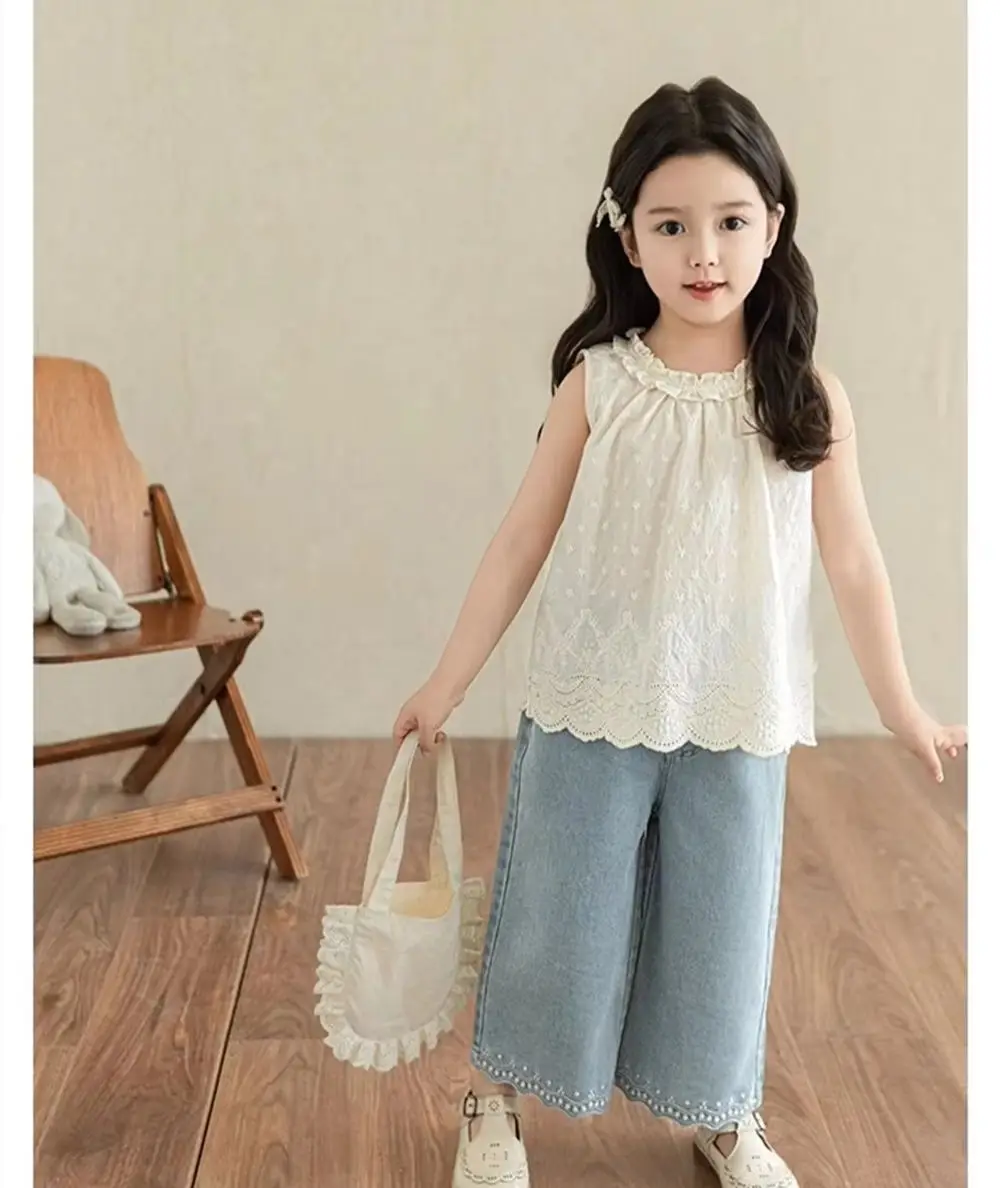 

summer kids girls clothes baby pants Nine inch straight leg jeans Thin wave cut straight leg pants