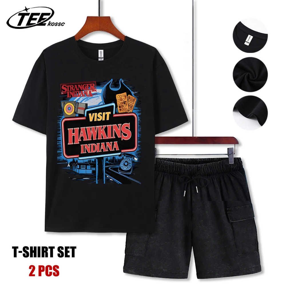 

Футболка Visit Hawkins Indiana для мужчин, летняя повседневная ретро-одежда, хлопковая, модная, мягкая, унисекс, с круглым вырезом, свободный крой, комплект